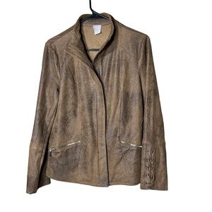 Chico's Moto‎ Jacket Womens Size 4/6 Brown Distressed Faux Suede Lace-Up Cuffs